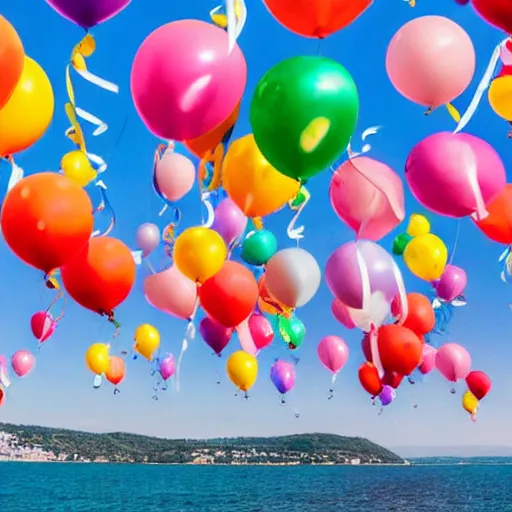 Image similar to photo of a lot of birthday balloons floating above a beautiful maritime port. sharp focus, highly - detailed, award - winning