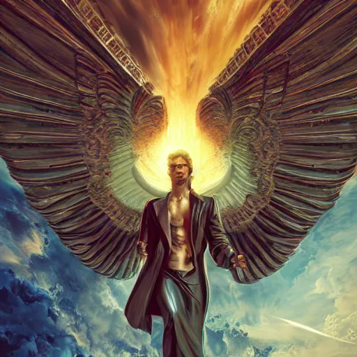 Prompt: An epic Socialist Realism graphic novel style painting of the most sophisticated portrayal of Lucifer invincible and triumphant over Heaven, exquisite and handsome wings, , fisheye, a star implodes, unreal 5, DAZ, hyperrealistic, octane render, dynamic lighting, 8k, polished, photoshopped, attention to detail, high resolution