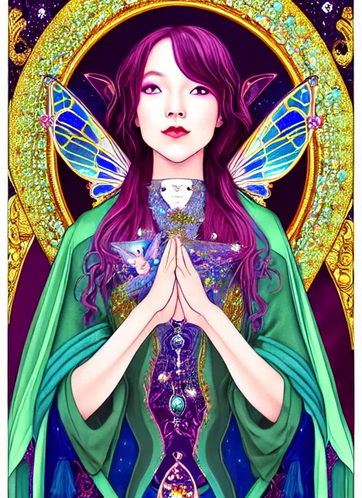 Prompt: fantastic portrait of a beautiftul witch pray with some shinny star, cloak, royally decorated crystal gemstones, symmetrical face, art nouveau, portrait, cute, fairy, by mai yoneyama, detailed background, artstation, intricate, elegant, highly detailed, colorful, maximalist