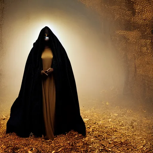 Image similar to a portrait of a young black woman wearing a long dark cloak, hood and shadows covering face, wearing shiny gold, oil painting, matte painting, black background, Volumetric Golden dappled dynamic lighting, Highly Detailed, Cinematic Lighting, Unreal Engine, 8k, HD, by Beksinski