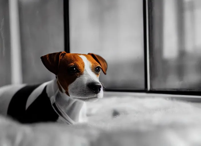 Image similar to photography of a Jack Russel . watching outside the window. on a bed. in a vintage room full of vinyls and posters.,volumetric light, photorealistic,, award winning photo, 100mm, sharp, high res