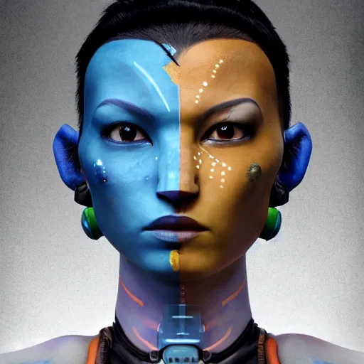 Prompt: a woman with a painted face and body, shaped like avatar, cyberpunk art by bruce onobrakpeya, featured on cg society, reimagined by industrial light and magic, behance hd, movie still