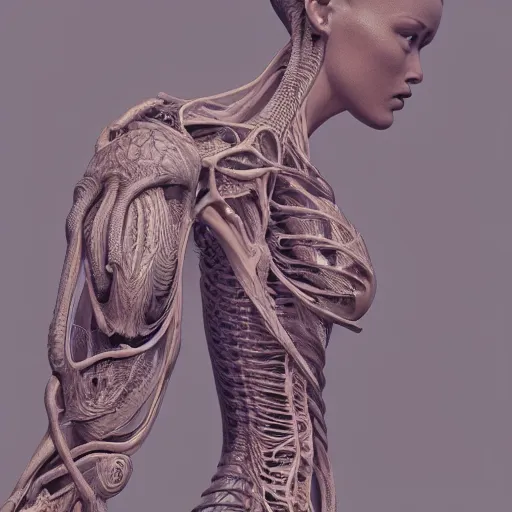 Image similar to concept of a detailed and intricate design of the back of full female anatomy, 3d design, great finesse organic hyper detailed, engineering blueprints, technical drawings, calculus, stained paper, hyperrealistic, ultra detailed, 4K, octane render, unreal engine