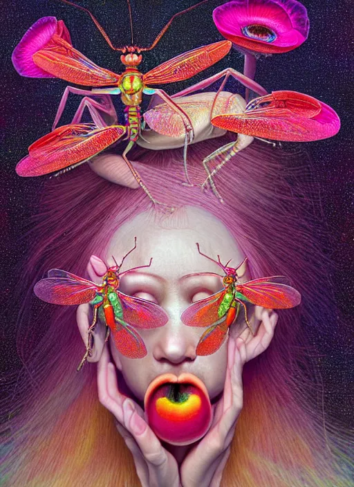 Prompt: hyper detailed 3d render like a Oil painting - kawaii portrait Aurora (gold haired Singer Praying Mantis Dragonfly bug faced) seen Eating of the Strangling network of yellowcake aerochrome and milky Fruit and Her compund eyes delicate Hands hold of gossamer polyp blossoms bring iridescent fungal flowers whose spores black the foolish stars by Jacek Yerka, Mariusz Lewandowski, Houdini algorithmic generative render, Abstract brush strokes, Masterpiece, Edward Hopper and James Gilleard, Zdzislaw Beksinski, Mark Ryden, Wolfgang Lettl, hints of Yayoi Kasuma, octane render, 8k