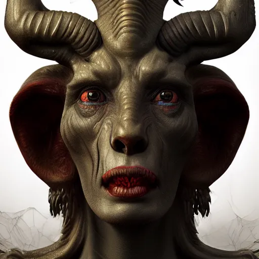 Prompt: a beautiful portrait of baphomet, 8 k, zbrush, octane, 8 k, incredibly detailed, androgynous, hr giger, peter gric, pablo amaringo