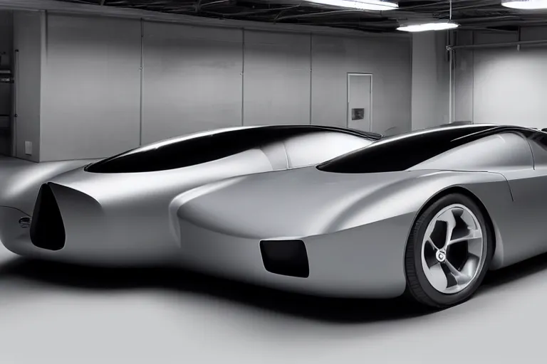 Prompt: A futuristic super-car made of a slick grey scaled metal, professional garage photograph.
