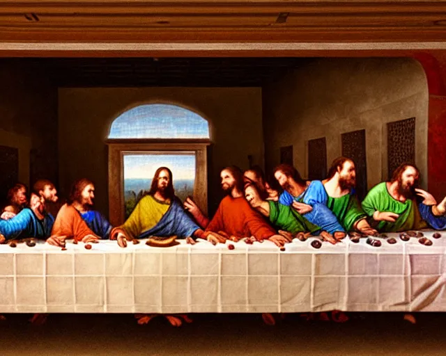 Image similar to lan party in the style of the last supper