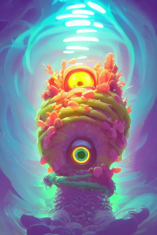 Image similar to roots cactus sushi cristal smurf ghost creature animal sushi cristal very big eye roots cactus elemental flush of force nature micro world fluo fishscale, behance hd by jesper ejsing, by rhads, makoto shinkai and lois van baarle, ilya kuvshinov, rossdraws radiating a glowing aura global illumination ray tracing hdr