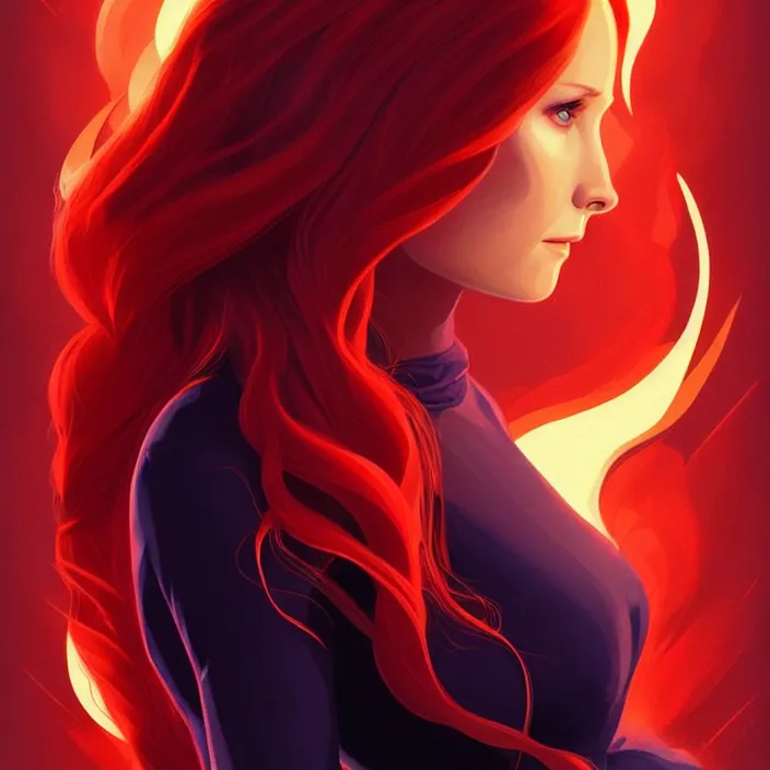 Image similar to style artgerm, joshua middleton, beautiful kristen bell with dark red dress, very long orange hair, symmetrical face, symmetrical eyes, fire powers fire swirling, detailed, volcano setting, cinematic lighting