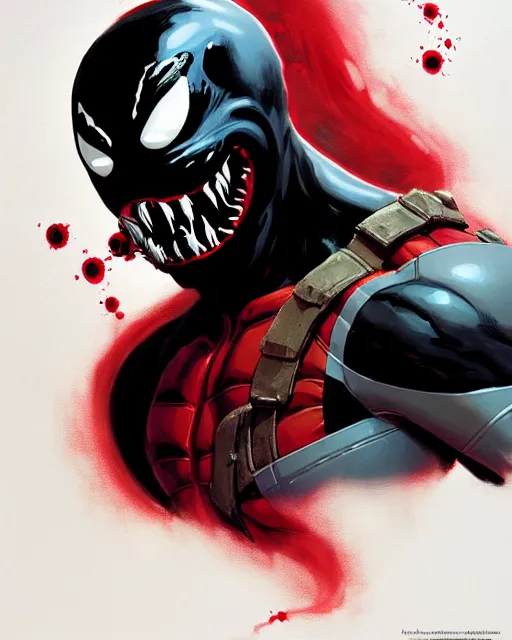 Prompt: highly detailed closeup portrait of a mutated venom symbiote in deadpool suit, smiling broadly into the camera, by atey ghailan, by greg rutkowski, by greg tocchini, by james gilleard, by joe fenton, by kaethe butcher, red, black, crimson and grey color scheme