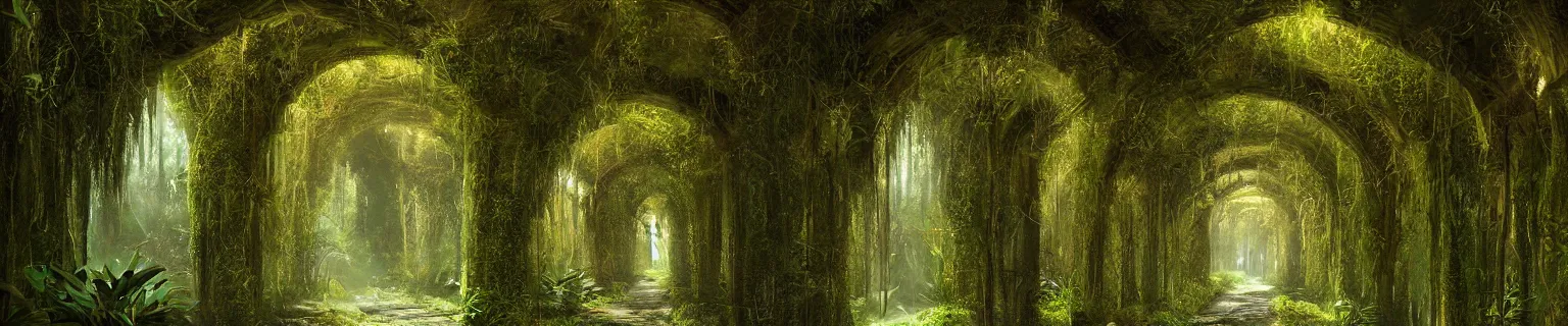 Image similar to Temple hallway, densley overgrown with moss, plants, flowers, ferns, some fireflies flying in the air, atmospheric, amazing and immaculate scale, trending on Artstation, digital art