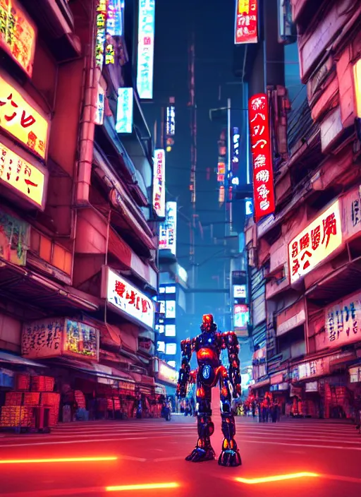 Image similar to market in japan, cyberpunk style, giant mecha - warrior in battle pose in center of field on first plan, bright neon signs, larry elmore, octane render, 3 d render, hard surface, masterpiece, trending on artstation, featured on pixiv, cinematic composition, hyper - detailed, hd, hdr, 4 k, 8 k