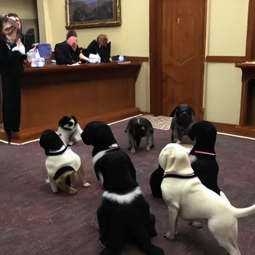 Image similar to a picture from a reporter covering the first ever meeting of the puppy senate, featuring puppies dressed in suits