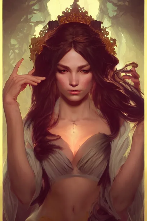 Prompt: beautiful sorceress, accurate anatomy, only two hands, highly detailed, digital painting, artstation, concept art, smooth, sharp focus, illustration, Unreal Engine 5, 8K, art by sakimichan, Artgerm, Ross Tran, greg rutkowski and alphonse Mucha