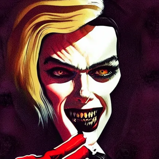 Prompt: Rafael Albuquerque art, Norman Rockwell, pretty Margot Robbie vampire, sharp teeth, evil smile, symmetrical face symmetrical eyes, leather jacket, jeans, long blonde hair, full body, holding HK pistol in hand, hands with five fingers, realistic hands