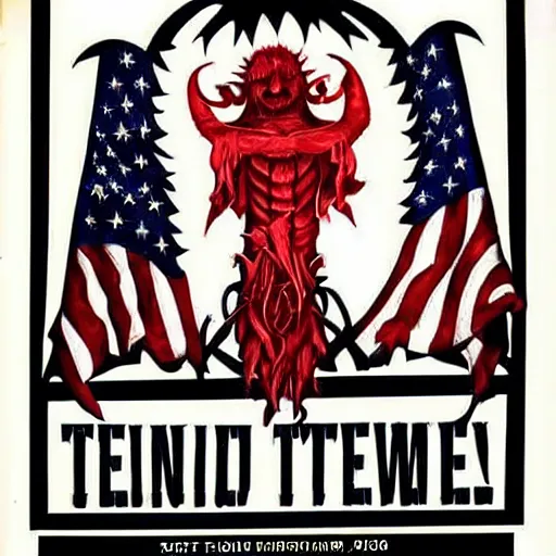 Prompt: satanic temple presidential campaign poster 1 9 9 6