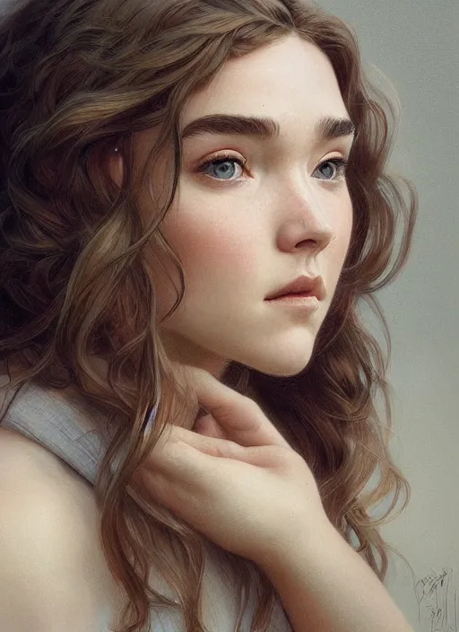 Image similar to beautiful head and shoulders portrait of florence pugh, casual clothing, intricate, elegant, highly detailed, digital painting, beautiful highly detailed face, artstation, concept art, smooth, sharp, focus, illustration, art by artgerm and greg rutkowski and alphonse mucha