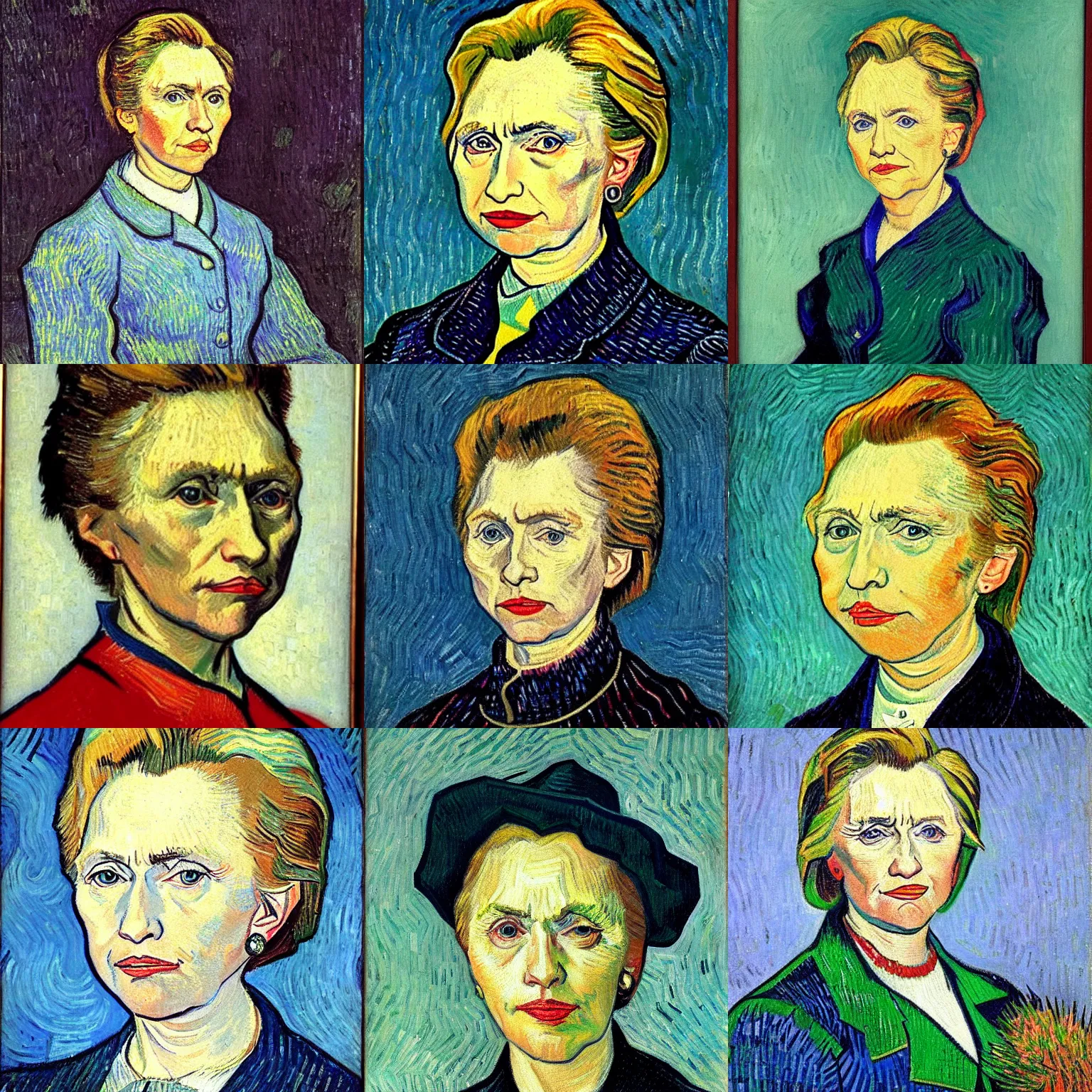 Prompt: detailed portrait of hillary clinton, painted by vincent van gogh, oil on canvas, 1 8 8 9.