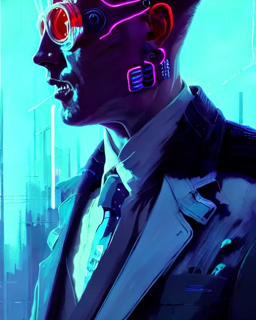 Image similar to cyberpunk synth, hyper - realistic portrait of a man in a suit with detailed background, cyberpunk, intricate, digital painting, by atey ghailan, by greg rutkowski, by greg tocchini, by james gilleard, by joe fenton, by kaethe butcher, dynamic lighting, gradient light blue, lighting color scheme, sharp focus, grunge aesthetic