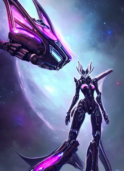 Image similar to detailed cinematic shot, cosmic sized perfectly proportioned stunning beautiful hot female warframe, detailed robot mecha female dragon head, metal ears led eyes, silver armor, fuschia leds, floating in empty space, nebula sized, holding a planet, epic proportions, epic size, epic scale, furry art, dragon art, giantess art, warframe fanart, furaffinity, deviantart