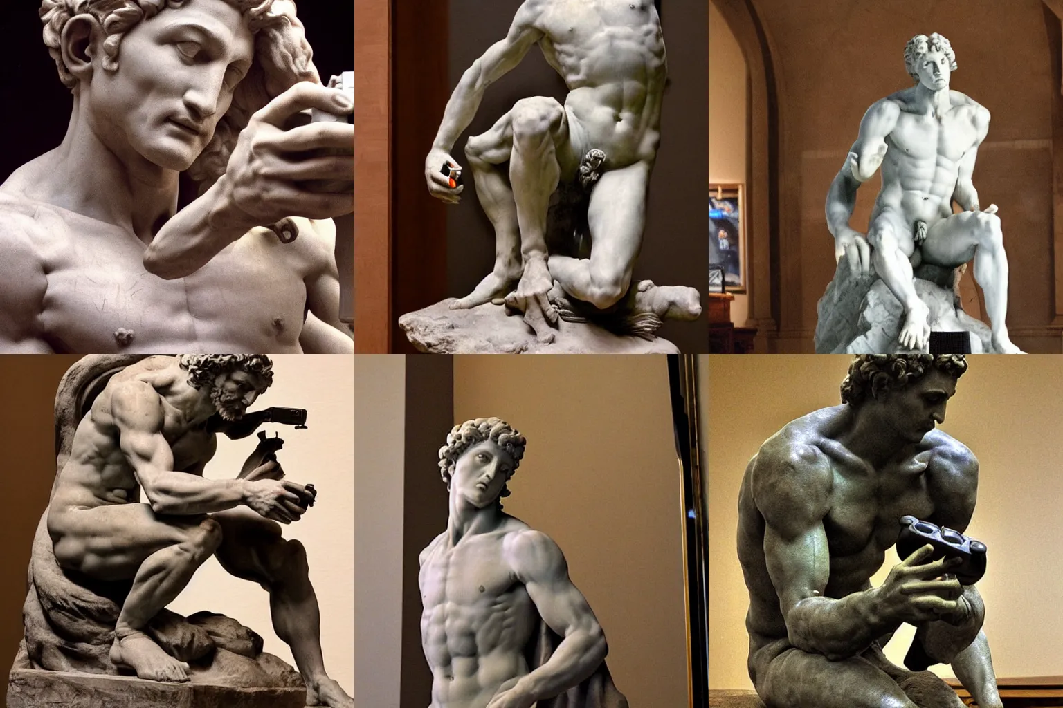 Prompt: A photo of Michelangelo's sculpture of David playing video games