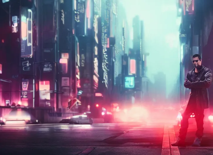 Image similar to Bladerunner2049 street racing man leaning cool pose on his white sports car with red emissives volumetric lighting Cyberpunk RTX ray marching street