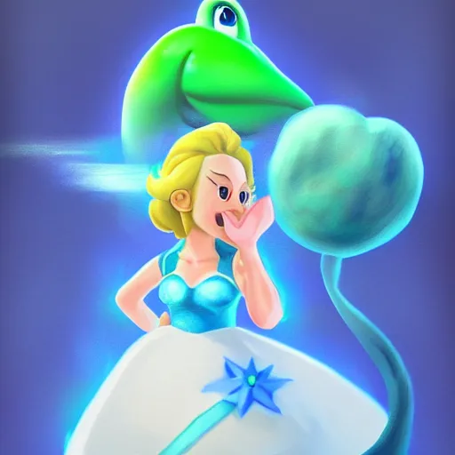 Prompt: yoshi as rosalina, digital painting, fanart, trending on artstation