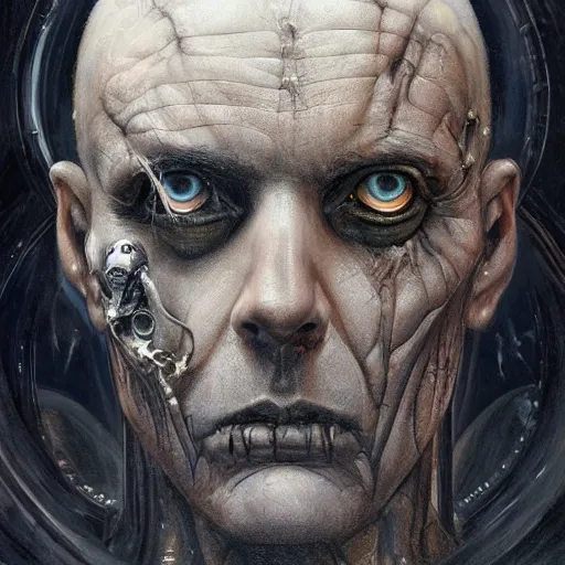 Image similar to surreal portrait of a man by Greg Rutkowski and H.R Giger, cyborg of indeterminate age, symmetrical, bald, haunting and artificial appearance, pale as marble, biomechanical and intricate, empty and uncany expression, cosmic void background, frightening, fascinating, highly detailed portrait, digital painting, book cover, artstation, concept art, smooth, sharp foccus ilustration, Artstation HQ.