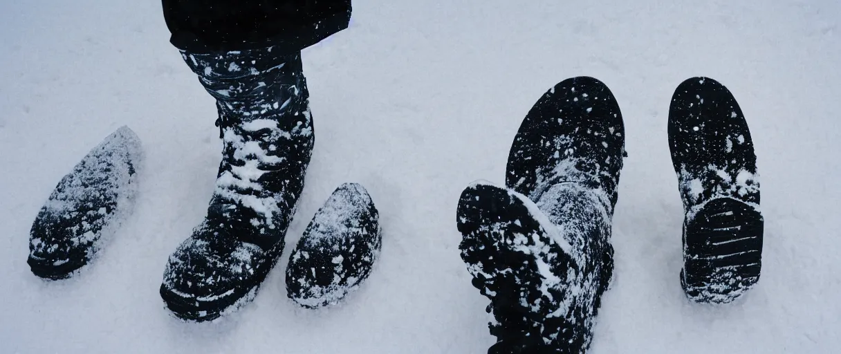 Image similar to top view extreme closeup movie like 3 5 mm film photograph of the silhouette of a man's boots walking through the antarctic snow during a heavy blizzard