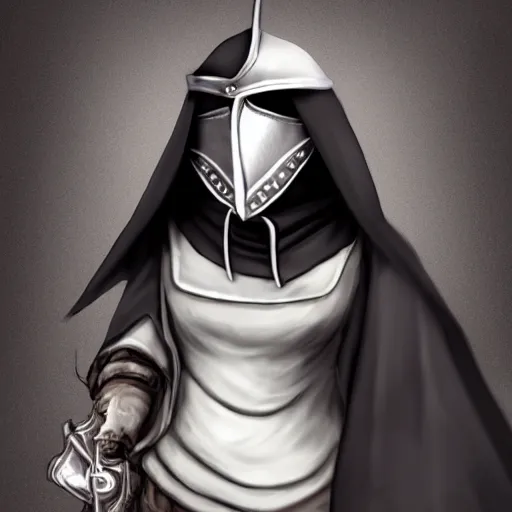 Image similar to female plague doctor donning a black hood, steel knightly armor and a white armored pointy crow mask, trending on artstation