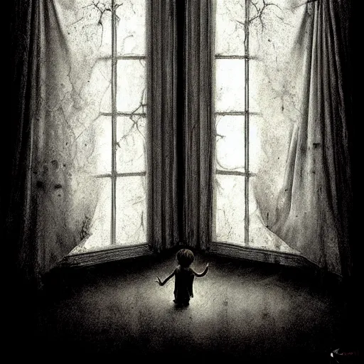 Image similar to Curtain Ghost by Mark Arian, dark, horror, surrealism, horror scene of a child staring outside the window. Screaming for help by Santiago Caruso, Stefan Koidl and Kentaro Miura