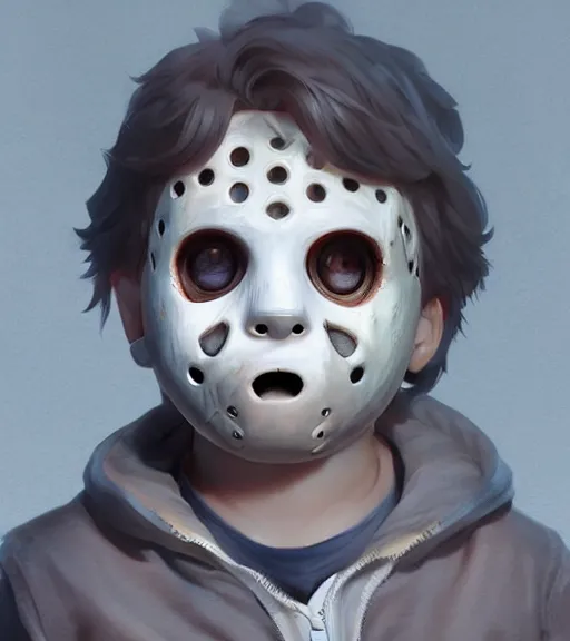 Image similar to beautiful little boy character inspired by jason voorhees and frankstein, art by rossdraws, wlop, ilya kuvshinov, artgem lau, sakimichan and makoto shinkai, concept art, anatomically correct, extremely coherent, realistic, smooth hd