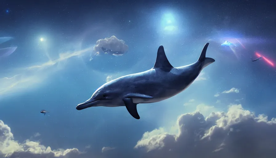 Prompt: highly detailed cinematic scifi render of a flying dolphin over the tuscany skies, cypresses and hills, stars and planets, hyper detailed, digital art, led lighting, studio quality, smooth render, unreal engine 5, octane render, trending on artstaion.