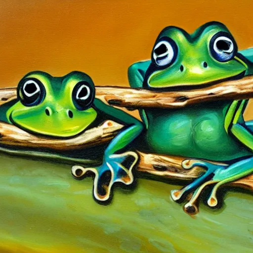 Prompt: Two frogs sitting next to each other, the frogs are on top of a log, the log is in a pond, oil painting