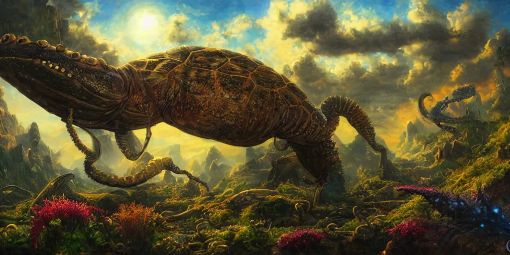 Image similar to fantasy oil painting, great leviathan, cybernetic turtle cephalopod terrapin reptilian pachyderm squid, hybrid, anubis, epic, natural light, lush plants flowers, spectacular mountains, bright clouds, ufo, luminous sky, outer worlds, golden daple lite, craig mullins, michael cheval