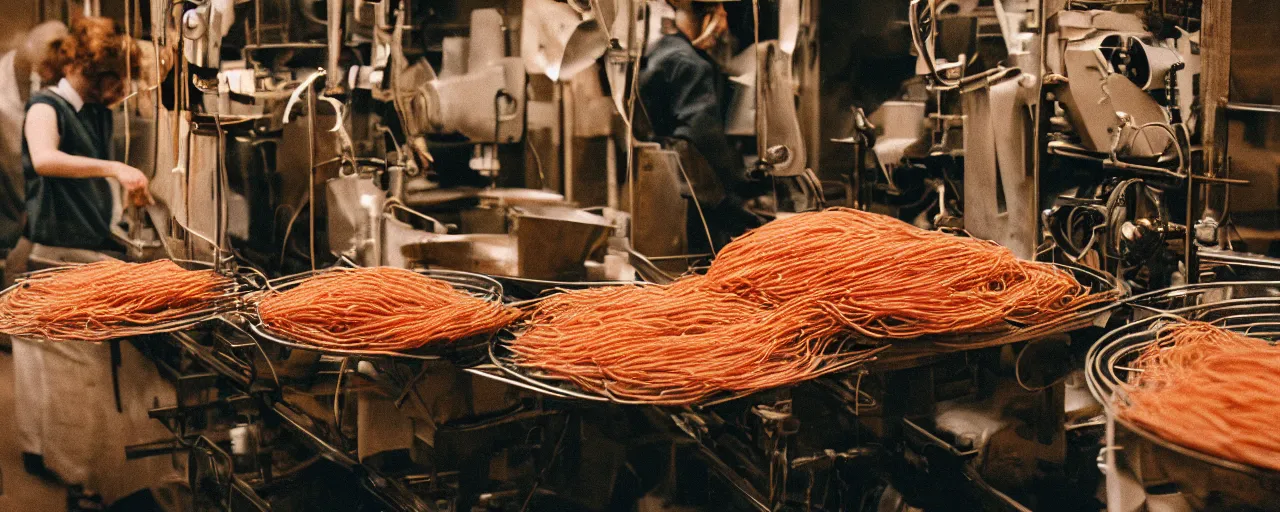 Image similar to a factory where people are processing fresh spaghetti from the tree, canon 5 0 mm, cinematic lighting, photography, retro, film, kodachrome, closeup