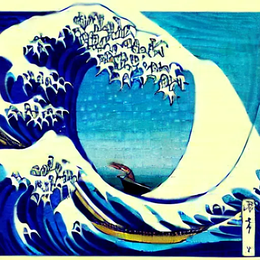 Image similar to surfer girl, woodblock print, style of hokusai, fine art, style of the great wave off kanagawa, painting