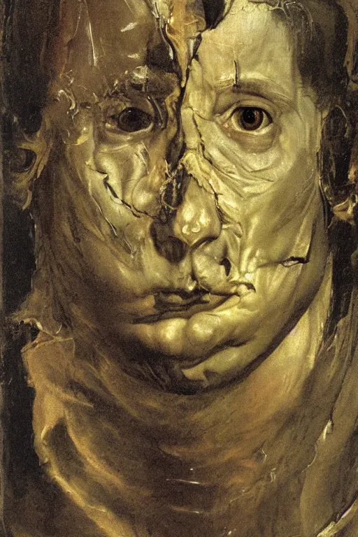 Image similar to mysterious portrait of medici coming out from the dark void, face partially melting like glitching out LSD effect, the face breaking down like a flower glitch, figure in the darkness of renaissance, Francisco Goya, painted by John Singer Sargant, Adrian Ghenie, style of Francis Bacon, highly detailed, 8k, trending on artstation