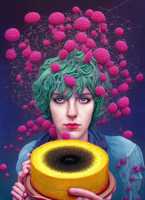 Image similar to hyper detailed 3d render like a Oil painting - Ramona Flowers with black hair in thick mascara seen Eating of the Strangling network of colorful yellowcake and aerochrome and milky Fruit and Her delicate Hands hold of gossamer polyp blossoms bring iridescent fungal flowers whose spores black the foolish stars by Jacek Yerka, Mariusz Lewandowski, Houdini algorithmic generative render, Abstract brush strokes, Masterpiece, Edward Hopper and James Gilleard, Zdzislaw Beksinski, Mark Ryden, Wolfgang Lettl, Dan Hiller, hints of Yayoi Kasuma, octane render, 8k