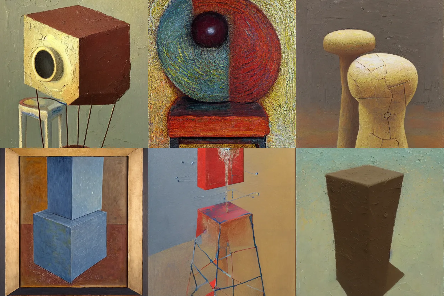 Prompt: a detailed, impasto painting by shaun tan and louise bourgeois of an abstract forgotten sculpture on a stool by ivan seal and the caretaker, gradient background