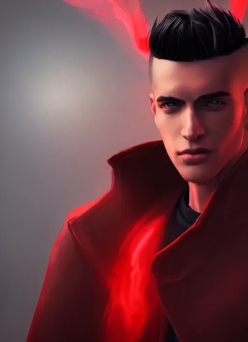 Image similar to An epic fantasy comic book style portrait painting of a young man with black undercut haircut, wearing red clothes, black overcoat, blue jeans. Unreal 5, DAZ, hyperrealistic, octane render, cosplay, RPG portrait, dynamic lighting