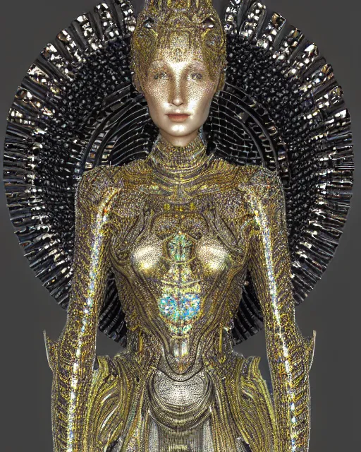 Prompt: a highly detailed metahuman 4 k close up render of an alien goddess bella hadid monument in iris van herpen armor schiaparelli in diamonds crystals swarovski and jewelry iridescent in style of alphonse mucha gustav klimt trending on artstation made in unreal engine 4