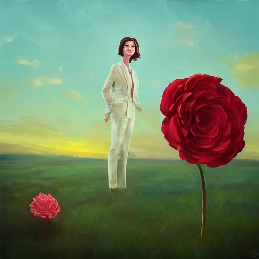 Image similar to closeup, giant rose flower head, frontal, girl in a suit, surreal photography, sunrise, blue sky, dramatic light, impressionist painting, digital painting, artstation, simon stalenhag