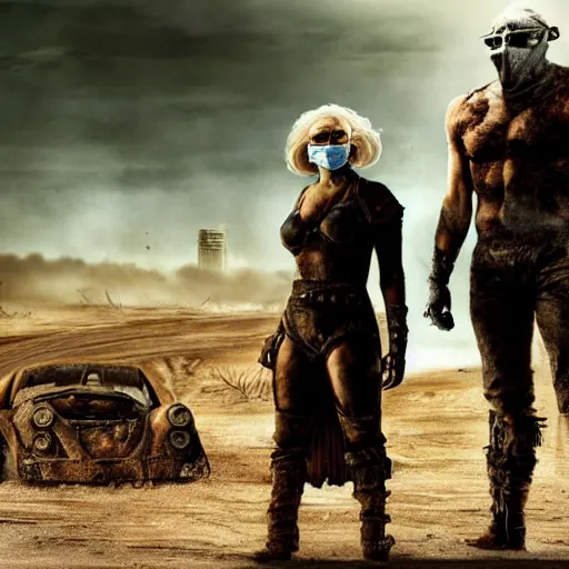 Image similar to a very huge, very big masked mutant man standing next to a very small blonde woman, they are staring at the horizon where there are the ruins of a city, postapocalyptic, mad max style, movie still