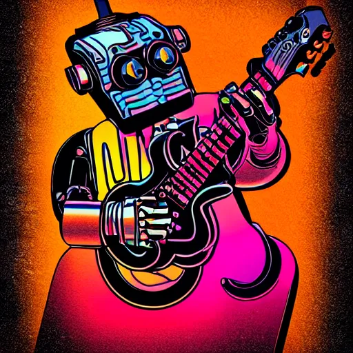 Image similar to tshirt print of a 3 dieselpunk robots playing guitar, text robos rock, 8 k, flourescent colors, halluzinogenic, multicolored, exaggerated detailed, front shot, 3 d render, octane