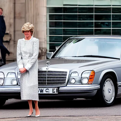 Image similar to award winning photograph of Princess Diana next to a silver Mercedes-Benz W140, Nikon D810, Sigma 35mm ƒ/2.5, award-winning, beautiful, photorealistic, detailed, portrait,