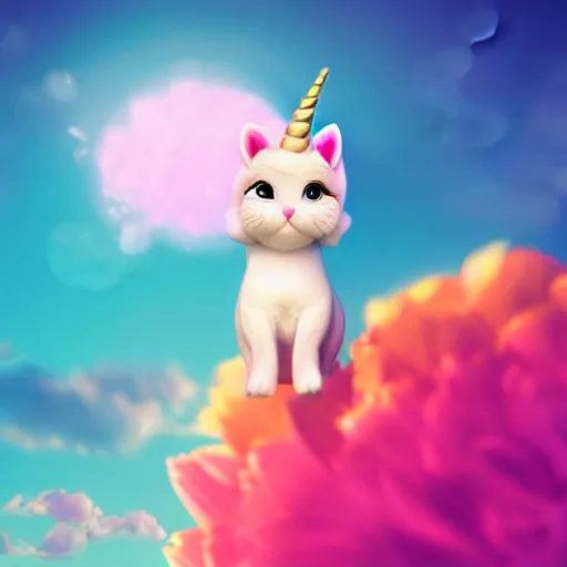 Image similar to very cute and tiny unicorn cat on Dahlia flower flying atop pink clouds, sky background, pixar style, cinematic lightning, award winning creature photography