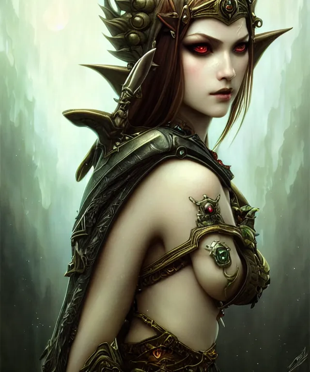 Image similar to dark fantasy, sensual legend of Zelda twilight Princess portrait, dark surrealist , fantasy, intricate, elegant, highly detailed, digital painting, artstation, concept art, smooth, sharp focus, illustration, art by Tom Bagshaw, artgerm and greg rutkowski and alphonse mucha