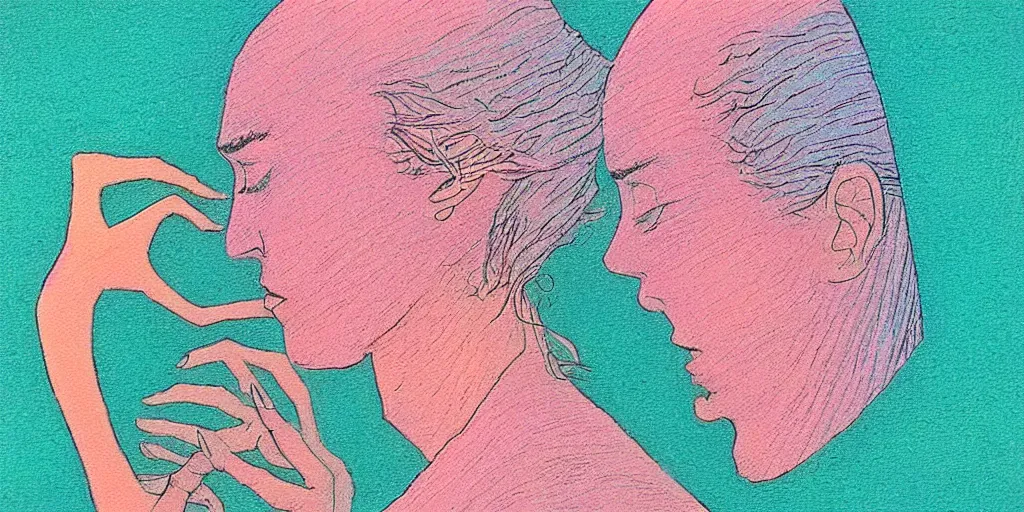 Prompt: a close - up grainy risograph, pastel colors painting of a scene from the requiem for a dream by moebius