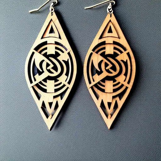 Image similar to 2 d wood lasercut earrings, mystical symbols, 8 k, hd, trending on amazon on artstation, trending on deviantart, trending on etsy, epic digital art